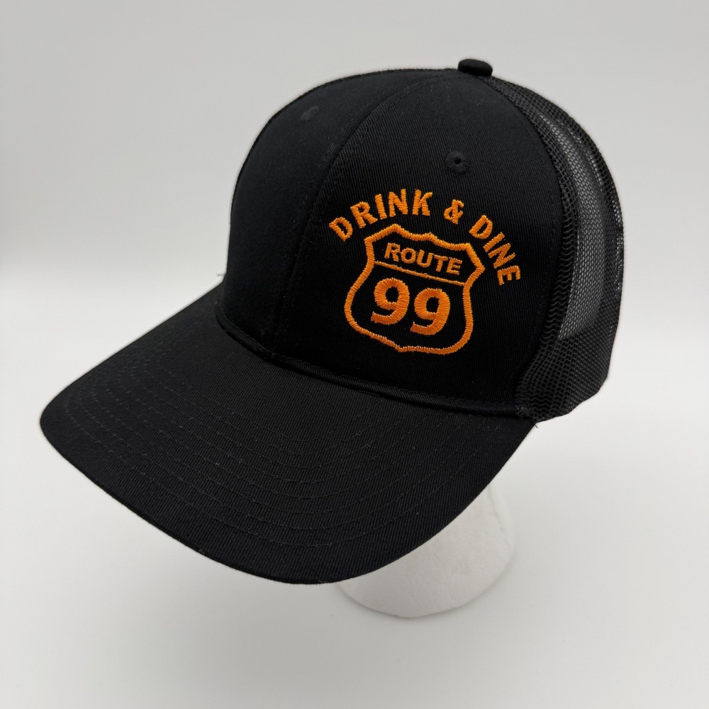 Route 99 Drink & Dine Black Trucker Hat Snapback Mesh Retro Roadside Cap